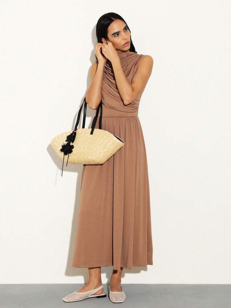 KSTM Asymmetrical Draped Neckline Sleeveless Maxi Dress With Gathered Waist And Flowing Midi Length Silhouette For Elegant Occasions