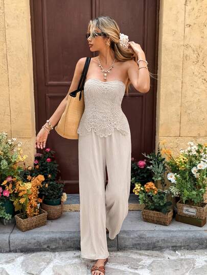 SHEIN Frenchy Women's Strapless Lace Bodice Wide Leg Jumpsuit – Elegant Tube Top Romper For Summer Party & Vacation Women's Solid Color Strapless Casual Jumpsuit For Vacation,, Summer,Spring,Party ,Beach,Wedding ,Graduation, Elegant , Casual,Vacation,Formal,Business