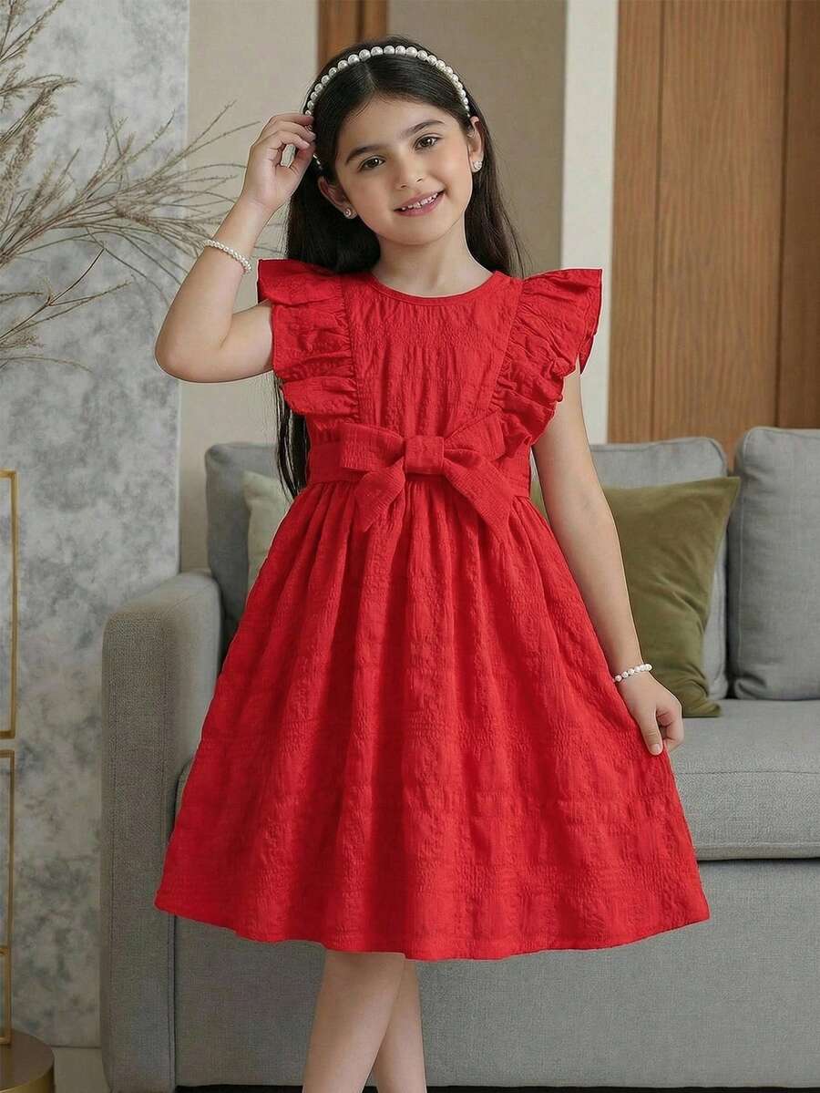 SHEIN 少女红色时尚短袖系带连衣裙 - 紅色 - 查看 1