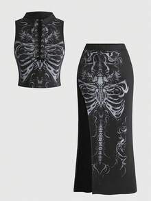 ROMWE Goth 新中国风暗黑哥特骷髅艺术印花露脐上衣和高开衩半身裙套装（女款） - 黑色 - 查看 2