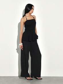 KSTM Women's Asymmetric Peplum Halter Top With Tie Back Detail Perfect For Date Night And Evening Events - Black - View 5