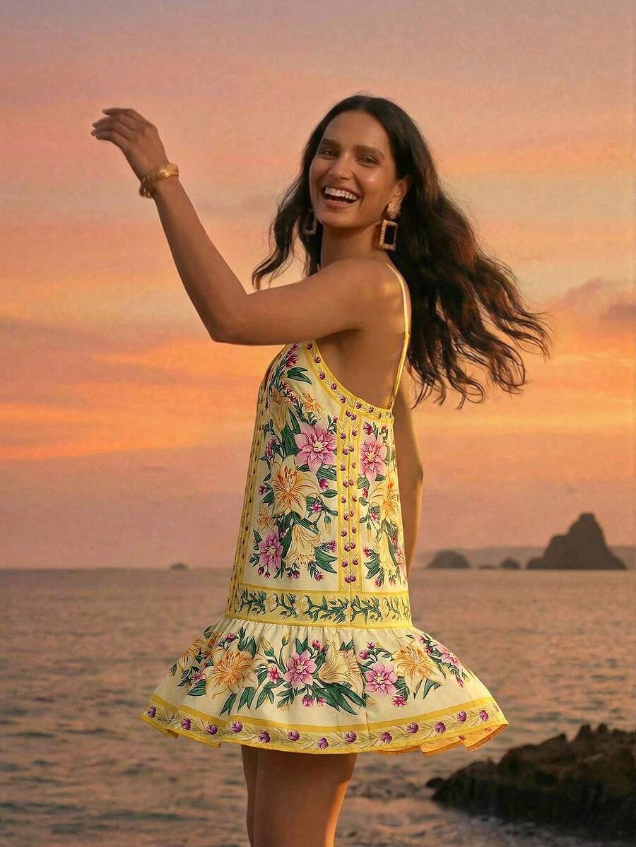 CAJUNI Váy ngắn Carioca họa tiết hoa lãng mạn - Màu vàng - Xem 1