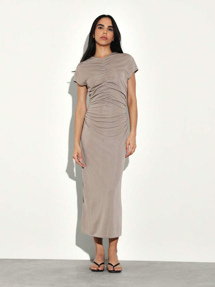 KSTM Women's Ruched Short Sleeve Midi Dress With Asymmetric Draped Waist And Back Slit For Casual Elegant Occasions
