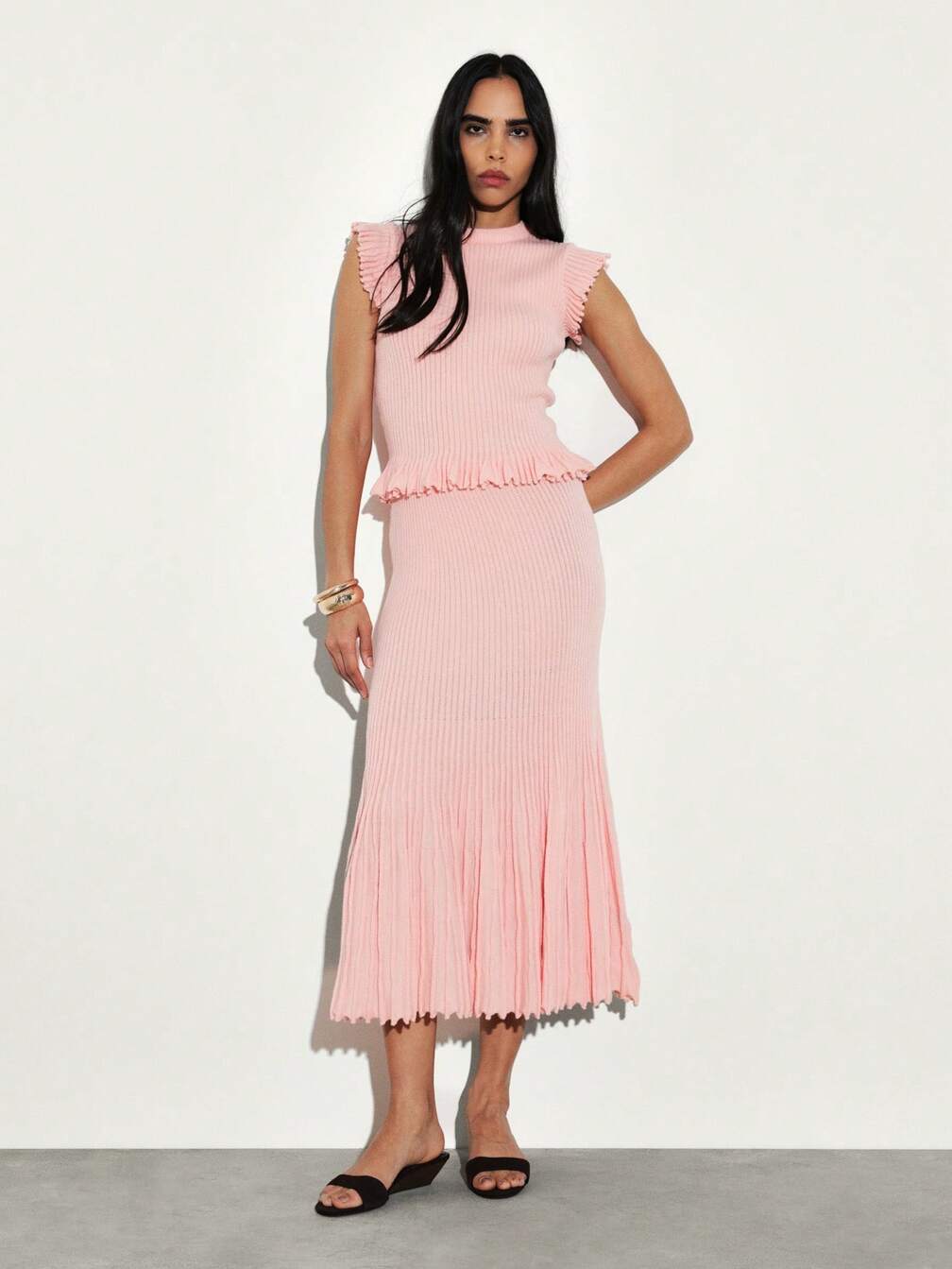 sleeveless mock neck pleated midi sweater dress Sleeveless Shimmer Midi Sweater Dress by Moon River