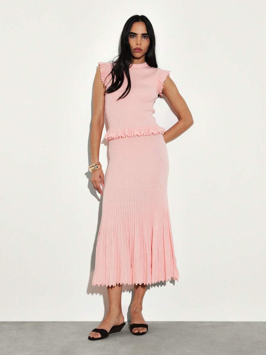 KSTM Knit Ribbed Mock Neck Sleeveless Top With Pleated Midi Skirt Co Ord Set Ruffle Detail Sweater Coordinates - Pink - View 1