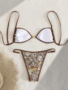 Swim Vcay 新款女士优雅奢华 Y2K 辣妹风两件式比基尼套装，巧克力棕色薄纱三角上衣，饰有手工刺绣花卉和金色亮片豹纹印花，正面金色圆环装饰，高腰性感泳裤侧边饰有圆环，复古迪斯科魅力风格泳装，完美适用于夏季海滩度假、泳池派对、游艇出游、夜间活动和节日盛装。 - 棕色 - 查看 2