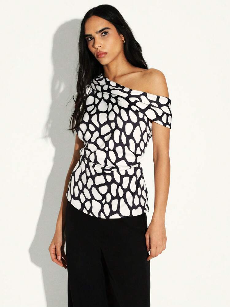 KSTM Assymetric Off Shoulder Ruched Top With Abstract Spot Pattern For Evening Office Casual