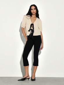 KSTM Women Tie Front Blouse With Bow Detail Short Puff Sleeves Deep V Neck Top Cropped Style Office Casual - Khaki - View 3