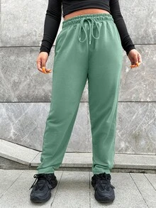 Cloudara Plus Size  Drawstring Waist Slant Pocket Sweatpants - Army Green - View 4