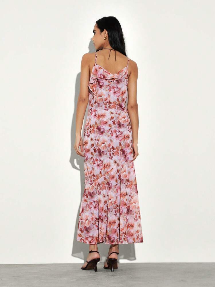 KSTM Women's Pink Floral Asymmetric Draped Cami Maxi Dress Spaghetti Strap Cowl Neck Summer Wedding Guest Outfit