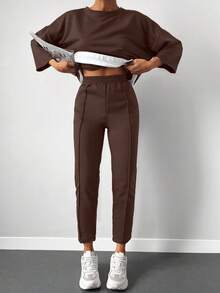 Drop Shoulder 2 In 1 Tee & Seam Detail Pants - Burgundy - View 5