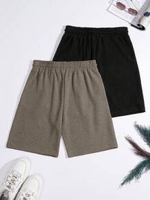 SHEIN Cottnline Pantalones cortos básicos de tejido de gofre para hombre, 2 piezas/set - Camel - Ver 2