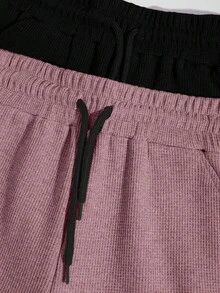 SHEIN Cottnline 100%Cotton 2pcs/Set Men's Waffle Fabric Basic Shorts - Multicolor - View 4