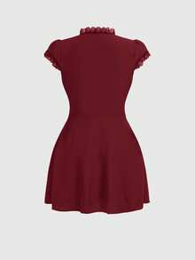 ROMWE Kawaii Versatile Commuter Solid Color Regular Shoulder Button Tie Bow Eyelet Fitted Shirt Dress For Women - Burgundy - View 2