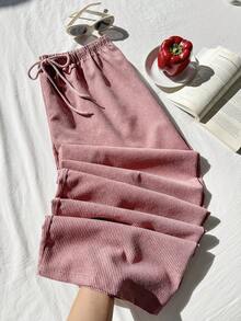 SHEIN EZwear 大码宽松直筒抽绳腰灯芯绒裤 - 粉色 - 查看 7