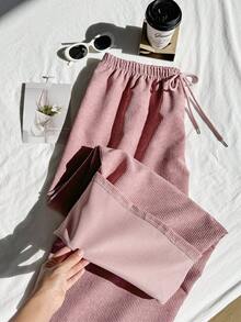 SHEIN EZwear 大码宽松直筒抽绳腰灯芯绒裤 - 粉色 - 查看 1
