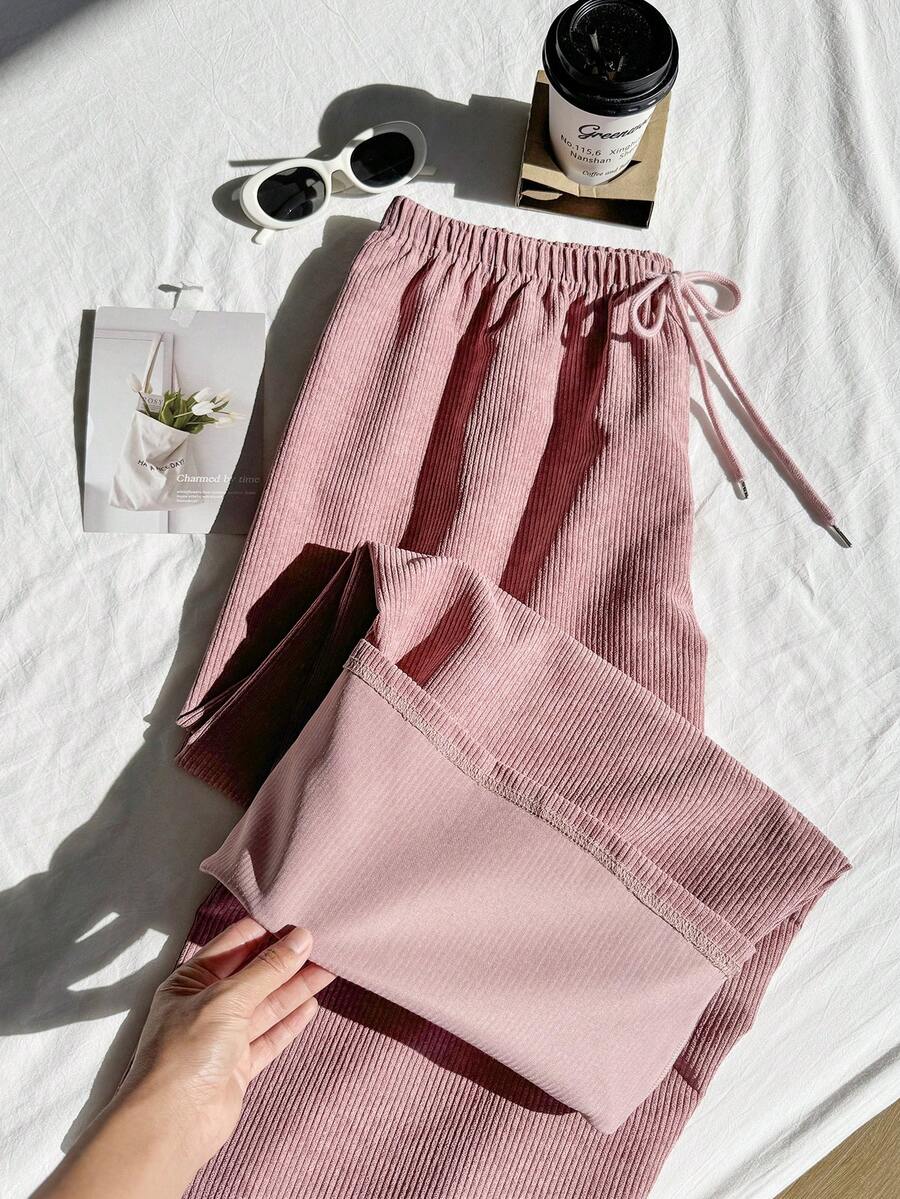SHEIN EZwear 大码宽松直筒抽绳腰灯芯绒裤 - 粉色 - 查看 1