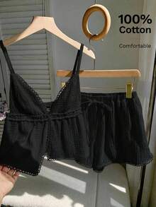 Comfortcana Plus Size Women Summer Casual Vacation Solid Color Textured Fabric Lace Trim Babydoll Cami Top And Shorts Set - Black - View 1