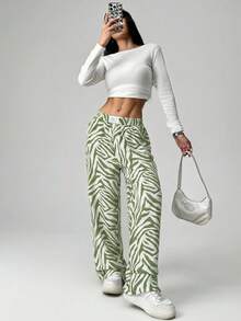 SHEIN EZwear 大码橄榄绿斑马纹弹力腰休闲裤，春夏款 - 橄欖綠 - 查看 3