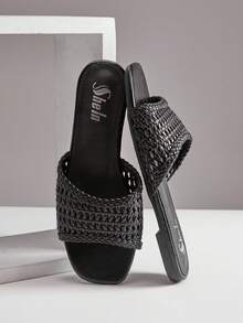 SHUZIA Women's Fashion Casual Comfy Woven PU Flat Sandals Summer Shoes - Black - View 7