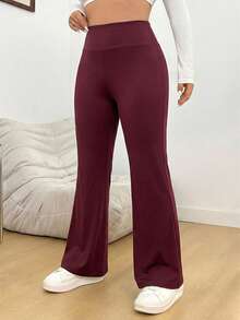 SHEIN EZwear 女士酒红色高腰喇叭裤 - 酒紅色 - 查看 3