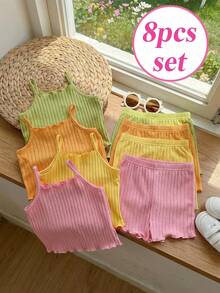 SHEIN 8pcs/Set Young Girl Solid Color Knit Camisole Top And Shorts Set - Multicolor - View 11