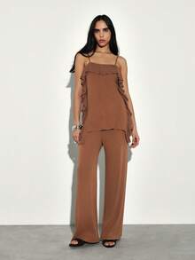 KSTM Women's Knit Co-Ord Set With Ruffle Details Sleeveless Cami Top And Wide Leg Trousers Matching Two Piece Outfit - Rust Brown - View 1