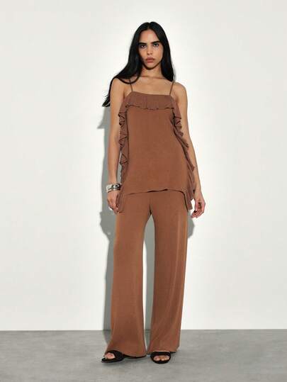 KSTM Women's Knit Co-Ord Set With Ruffle Details Sleeveless Cami Top And Wide Leg Trousers Matching Two Piece Outfit