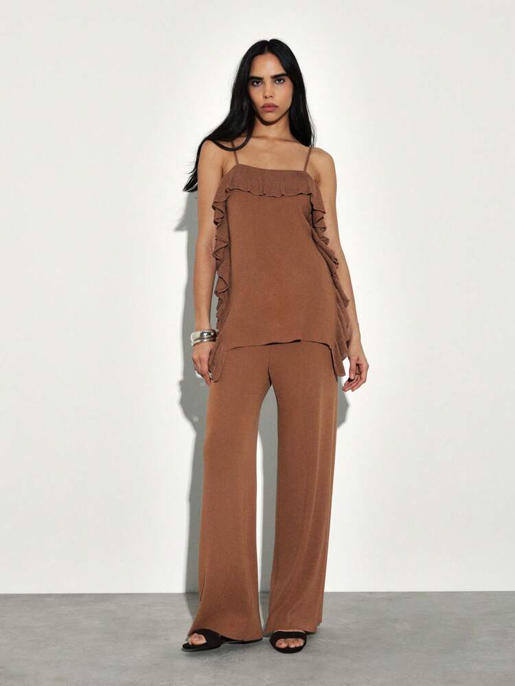 KSTM Women's Knit Co-Ord Set With Ruffle Details Sleeveless Cami Top And Wide Leg Trousers Matching Two Piece Outfit