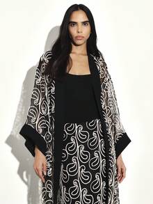KSTM Womens Long Paisley Print Mesh Kimono Cover Up Open Front Cardigan With Black Trim Boho Beach Robe - Black and White - View 4