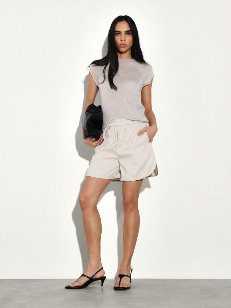 KSTM Women's High Rise Relaxed Fit Pinstripe Shorts With Side Pockets Summer Casual Tailored Elastic Waistband Bermuda Style Office Shorts