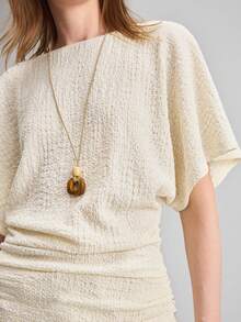 Ontre Camiseta de mujer con cuello de barco, mangas de murciélago, cintura fruncida, diseño elegante y vintage, ideal para uso casual de oficina, estilo romántico moderno y urbano - Albaricoque - Ver 6
