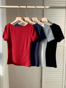 Comfortcana 4pcs/Set Plus Size Summer Square Neck Fitted T-Shirts - Multicolor - View 2