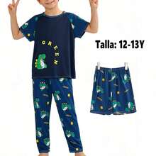 Pijama Infantil para Niño Primavera/Verano 3 Piezas Camiseta de Manga Corta + Pantalón Largo + Short | Suave y Cómodo para Dormir y Estar en Casa - Azul marino - Ver 11