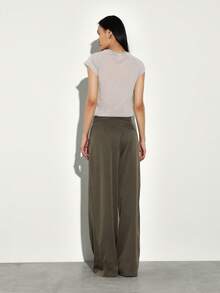 KSTM 女士高腰阔腿休闲阔腿裤，宽松飘逸，适合春夏穿着，舒适百搭 - 軍綠色 - 查看 2