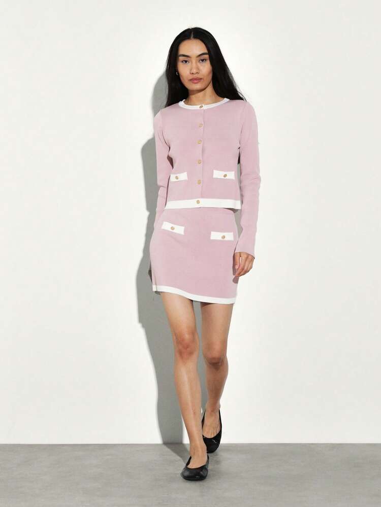 KSTM Knitted Two Piece Co Ord Set With Round Neck Cardigan And Mini Skirt With Contrast Trim