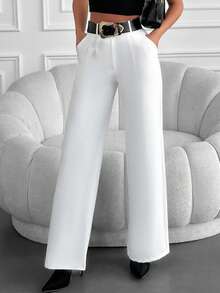 EURMUSE Plicated Detail Straight Leg Suit Trousers - White - View 1