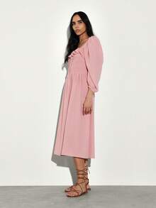 KSTM Smocked Square Neck Midi Dress With Puff Sleeves And Ruffle Details For Spring Summer Casual Feminine Style - Dusty Pink - View 3