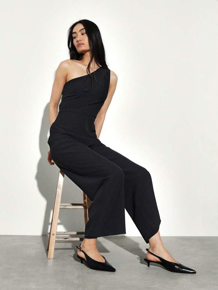 KSTM Sleek One Shoulder Black Jumpsuit With Wide Leg Design And Elegant Evening Silhouette For Sophisticated Style