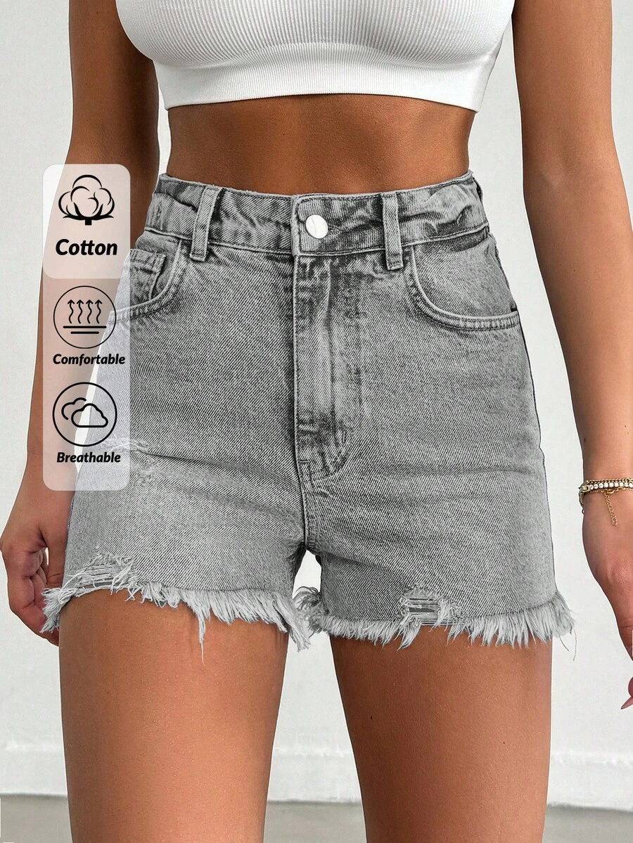 EURMUSE 100%Cotton Mini Heavy Destroy Short With Back Label Detail - Grey - View 1