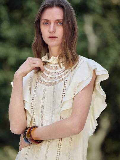 Ontre Blusa de verano elegante de mujer con unicolor, parches de encaje y volantes