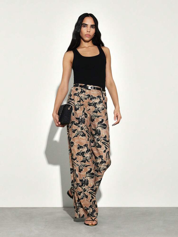 KSTM Pantalones de pierna ancha con estampado floral y diseño botánico abstracto para uso casual en primavera y verano