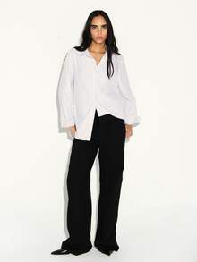 KSTM Regular Women's Oversized Pinstriped Button Down Blouse Long Sleeve Professional Office Shirt Classic Collar Work Top - Black and White - View 3