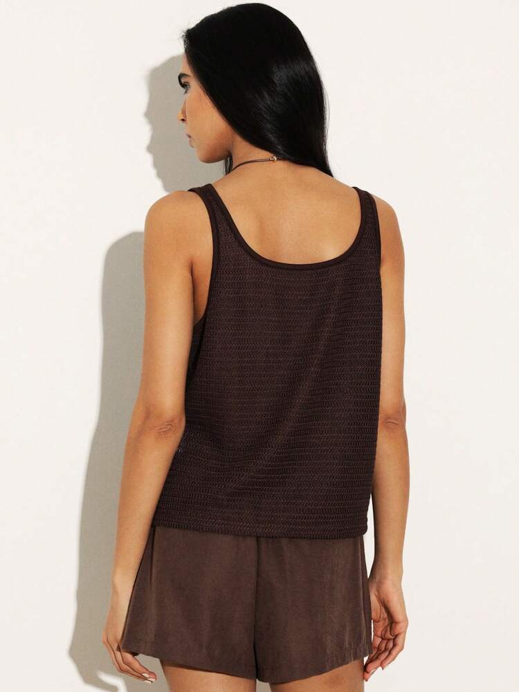KSTM Women's Brown Crochet Knit Tank Top Sleeveless Summer Festival Casual Loose Fit Scoop Neck