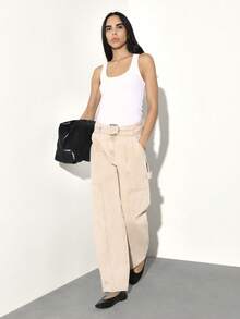 KSTM 高腰系带工装阔腿宽松纸袋腰休闲牛仔裤 - 卡其色 - 查看 7
