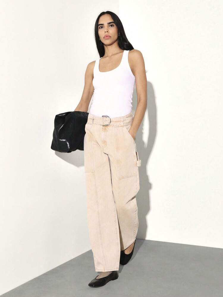 KSTM High Waist Belted Utility Cargo Jeans With Wide Leg Relaxed Fit Paper Bag Waist Casual Everyday Denim Pants