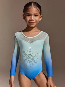 Young Girls Clothing Long Sleeved Sportswear With Mesh Sleeves And Rhinestone Accents, Embellished With Snowflake Prints, Suitable For Dance Performances, Yoga, Gymnastics, Outdoor Sports, Campus Performances, Elastic And Comfortable Sportswear - Multicolor - View 1