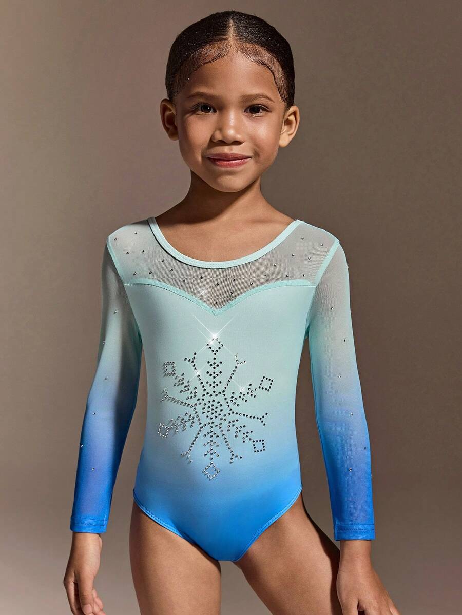 Young Girls Clothing Long Sleeved Sportswear With Mesh Sleeves And Rhinestone Accents, Embellished With Snowflake Prints, Suitable For Dance Performances, Yoga, Gymnastics, Outdoor Sports, Campus Performances, Elastic And Comfortable Sportswear - Multicolor - View 1