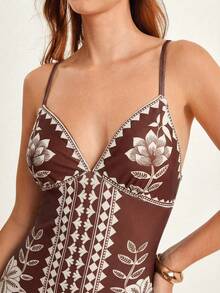 CAJUNI Đầm nghỉ mát thanh lịch ôm dáng in hoa dành cho nữ - màu nâu - Xem 4