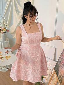 CovetEZ Vestido de talla grande sin mangas de encaje blanco puro con jacquard que ciñe la cintura en forma de A, adecuado para el Día de San Valentín, citas y fiestas - Rosa - Ver 4